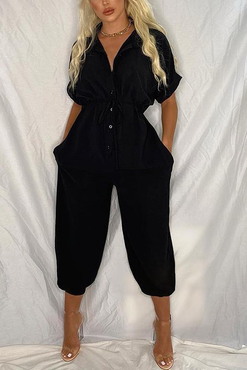 Button Pockets Drawsting Jumpsuit