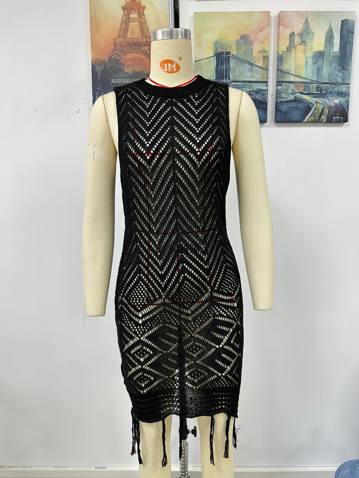 Crochet Knit Sleeveless Hollow Out Fringe Hem Mini Beach Cover Up Dress 13