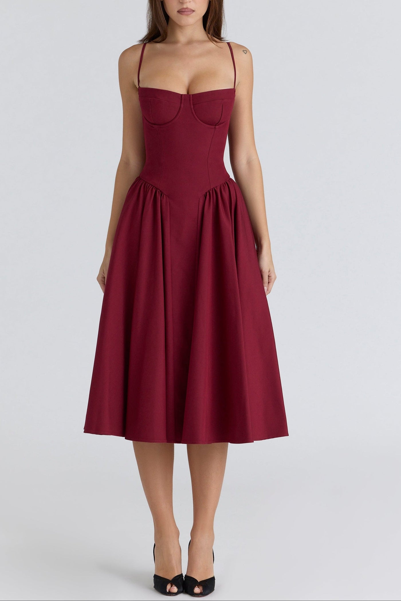 Square Neck Cap Sleeve Fit and Flare Midi Dress 18