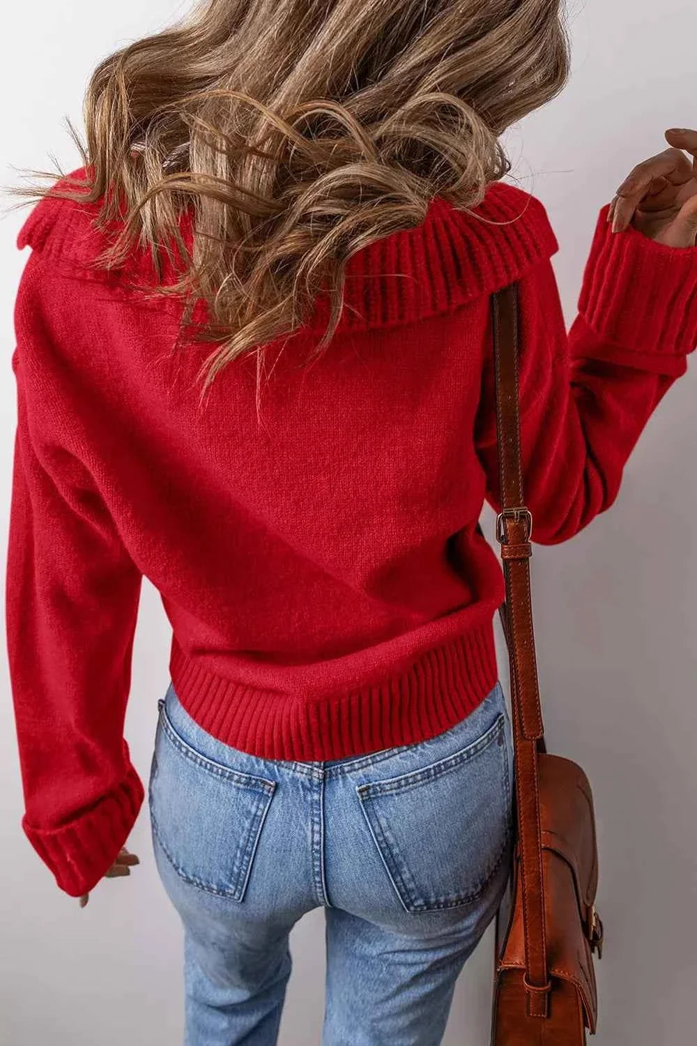 V-Neck Hooded Long Sleeve Ribbed Hem Knit Sweater 3