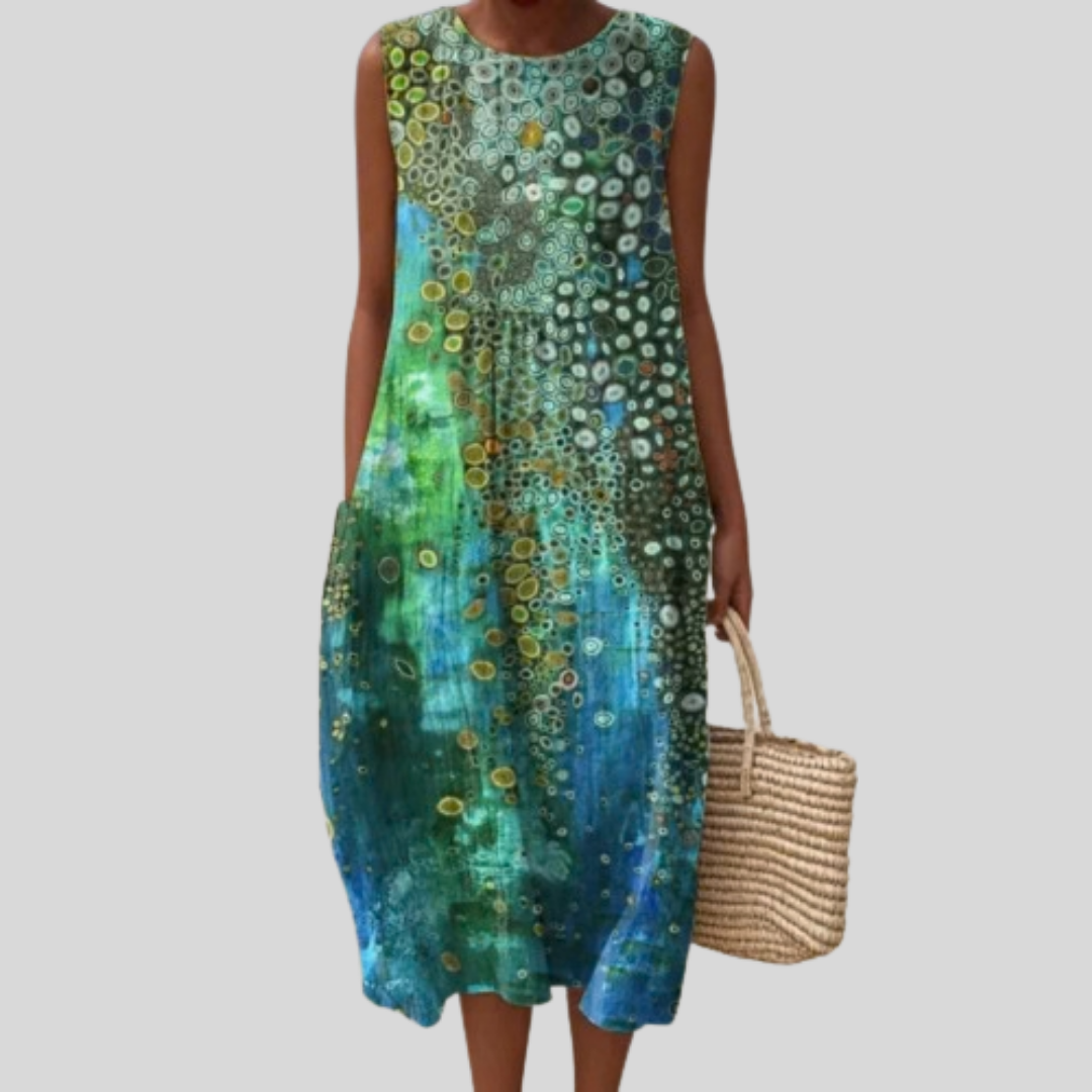 Abstract Painterly Print Sleeveless Crew Neck Pocket Midi Dress