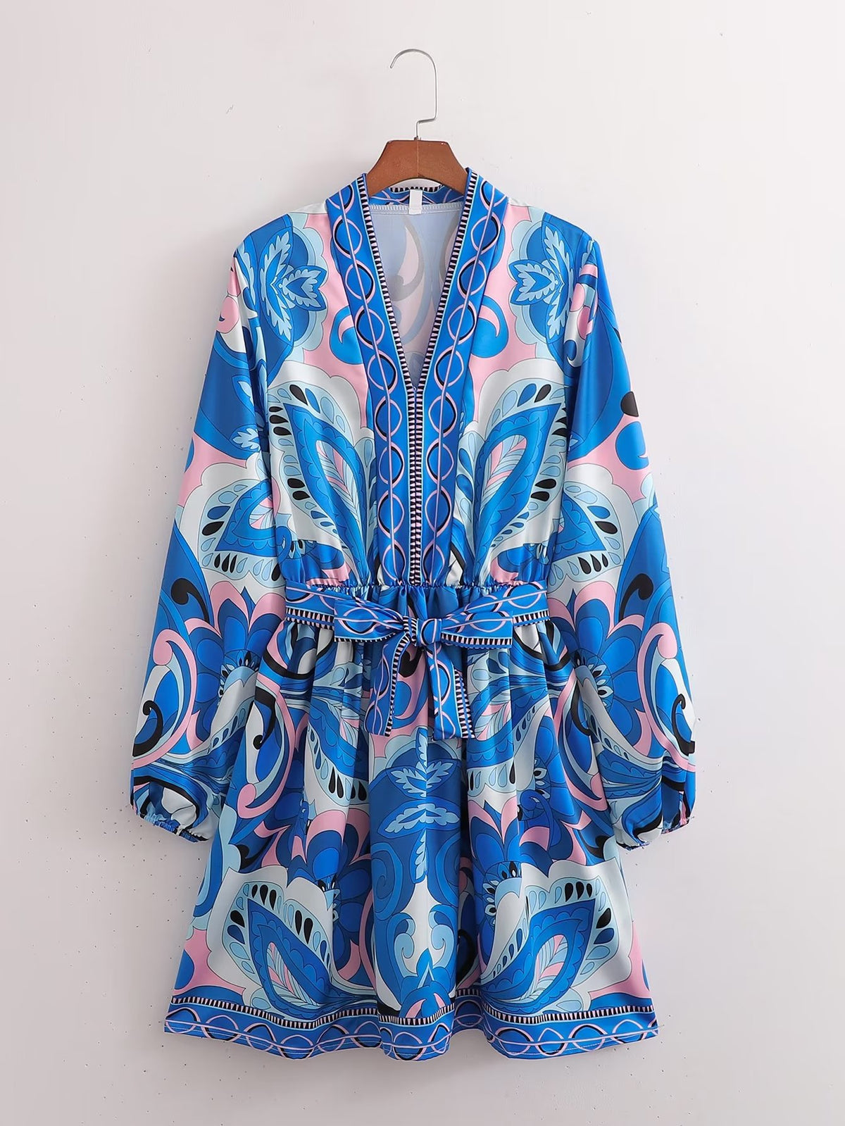 Paisley Print V-Neck Long Sleeve Belted Waist Mini Dress