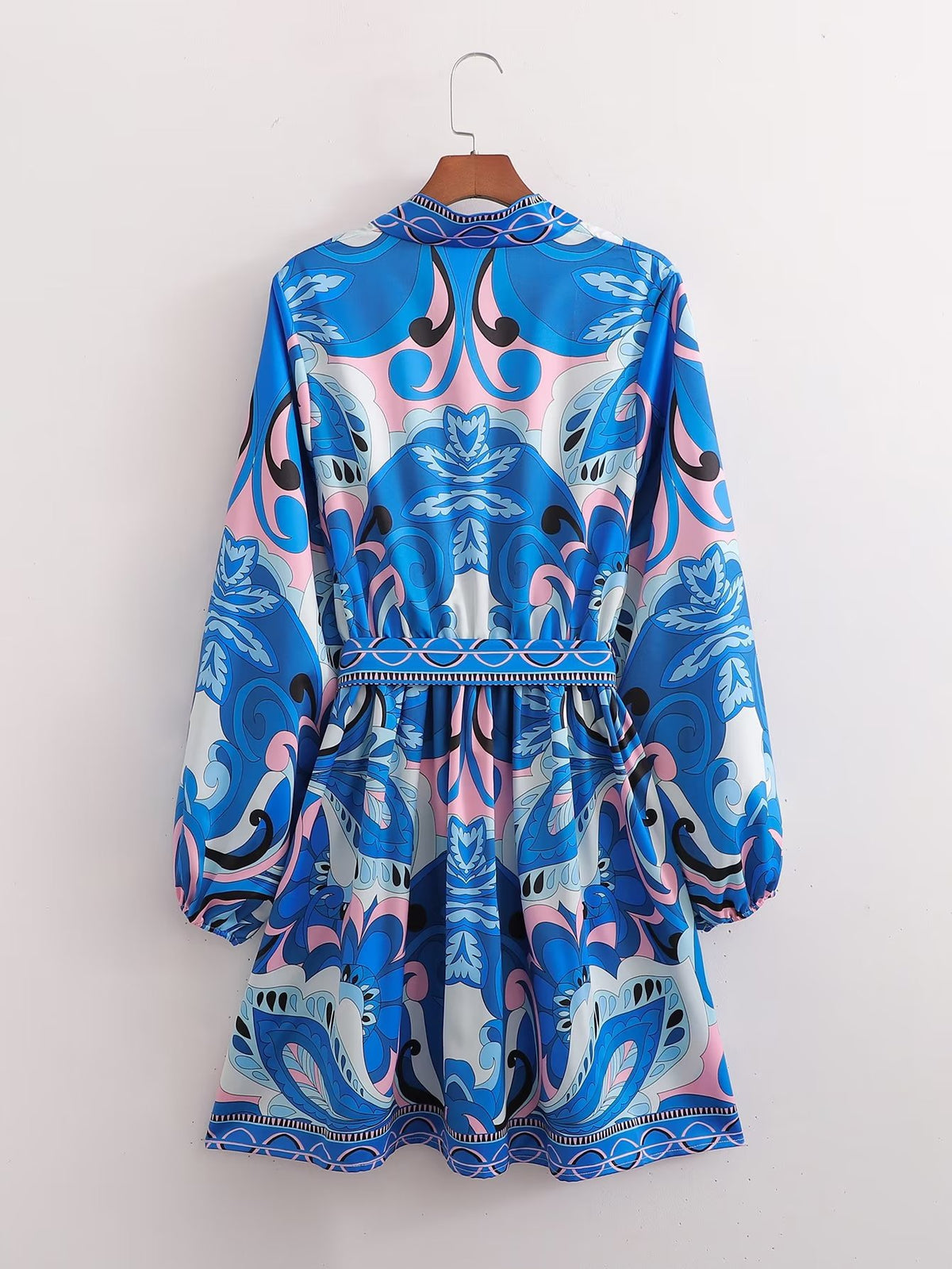 Paisley Print V-Neck Long Sleeve Belted Waist Mini Dress 2