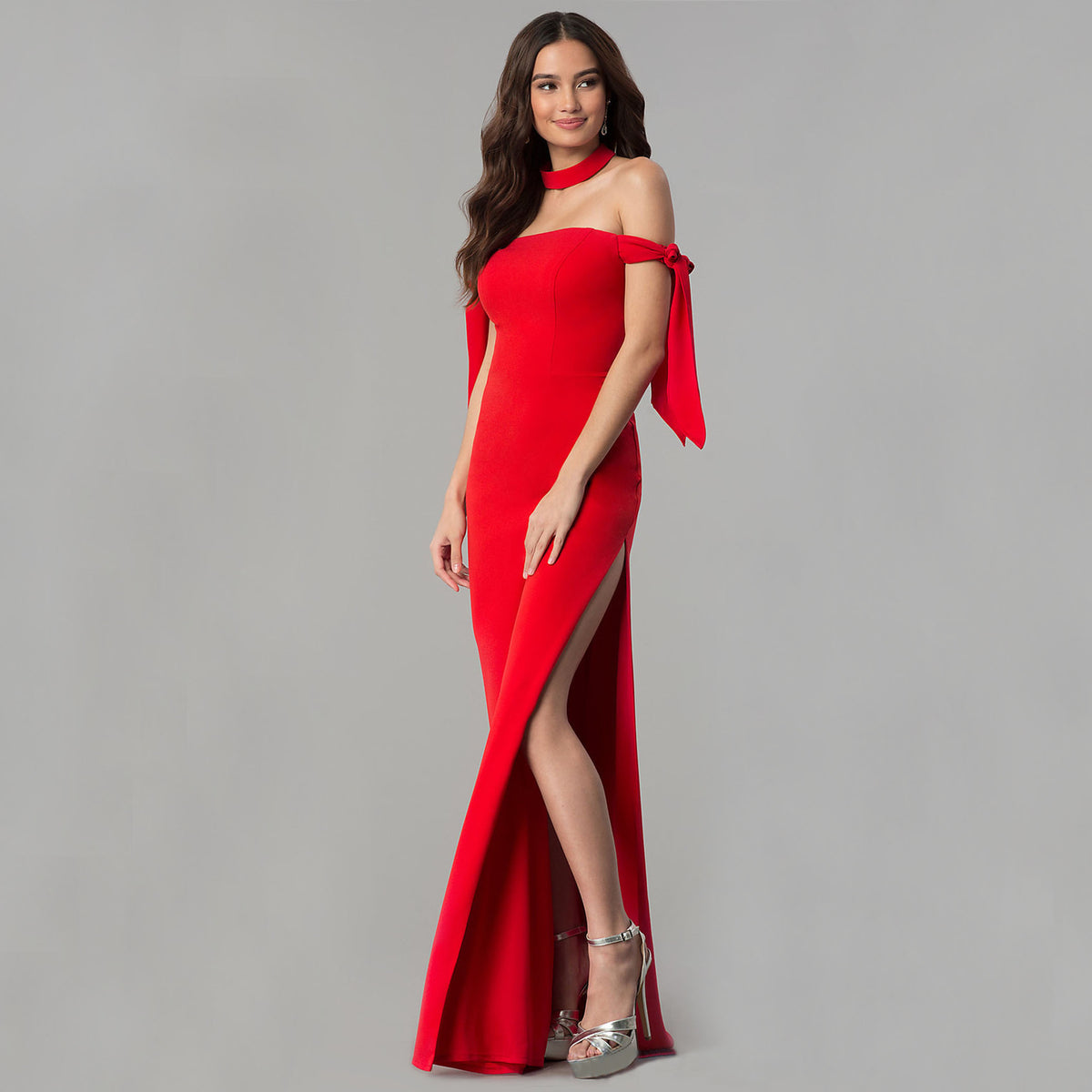 Off Shoulder Tie Sleeve Choker High Split Maxi Gown