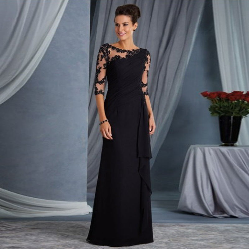 Lace Illusion Boat Neck Three Quarter Sleeve Ruched Side Drape Maxi Gown