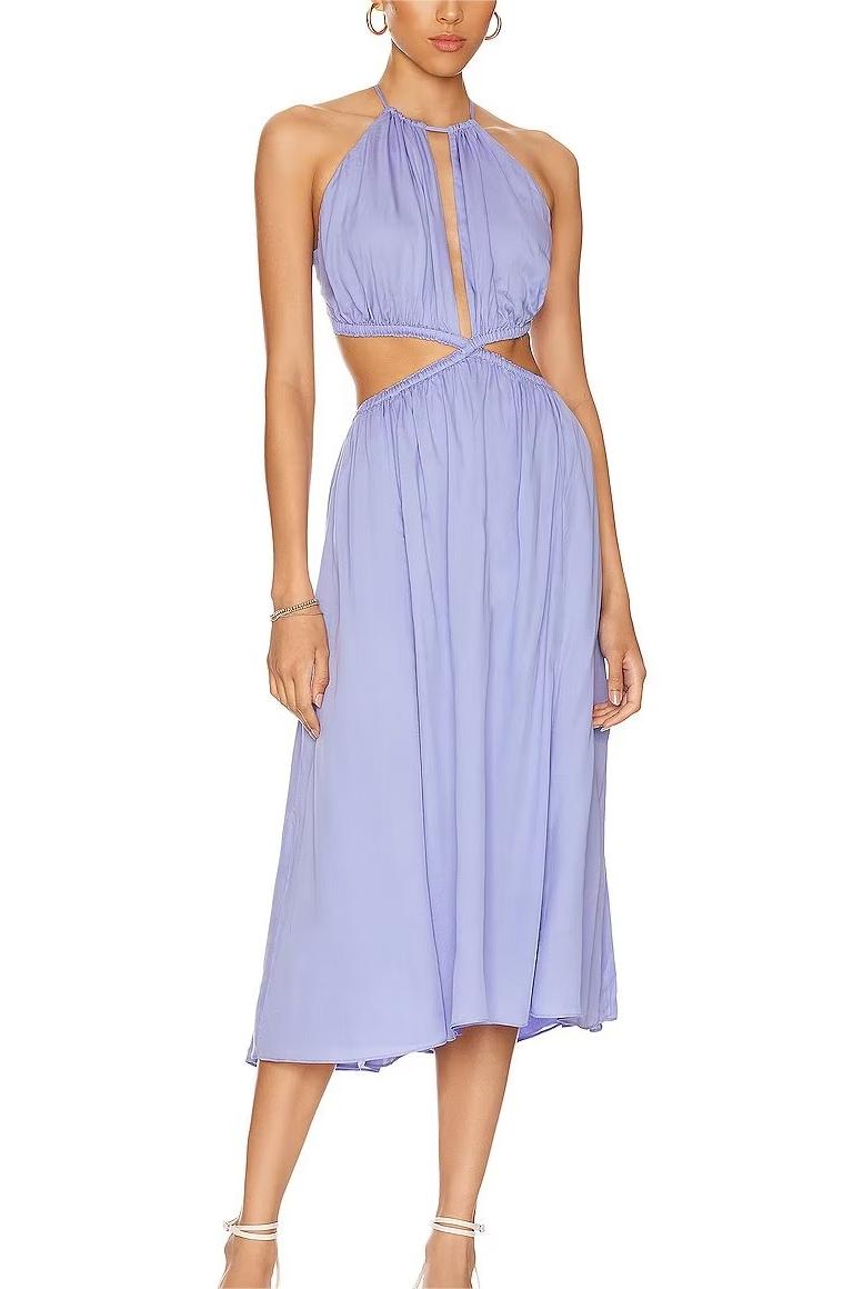 Halter Neck Plunge Cut Out Waist Braided Trim Midi Dress