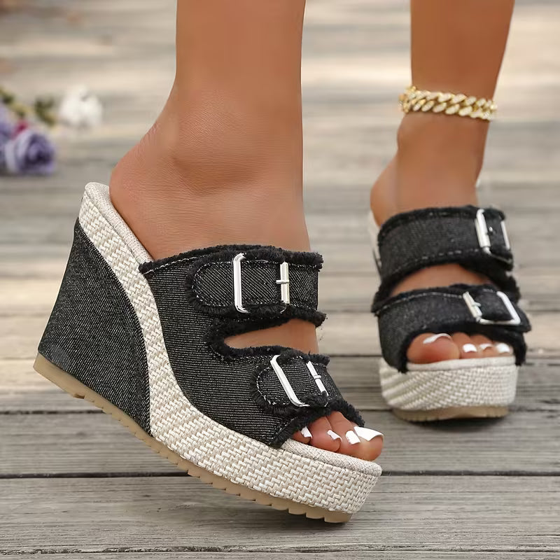 Open Toe Frayed Double Buckle Platform Wedge Slides