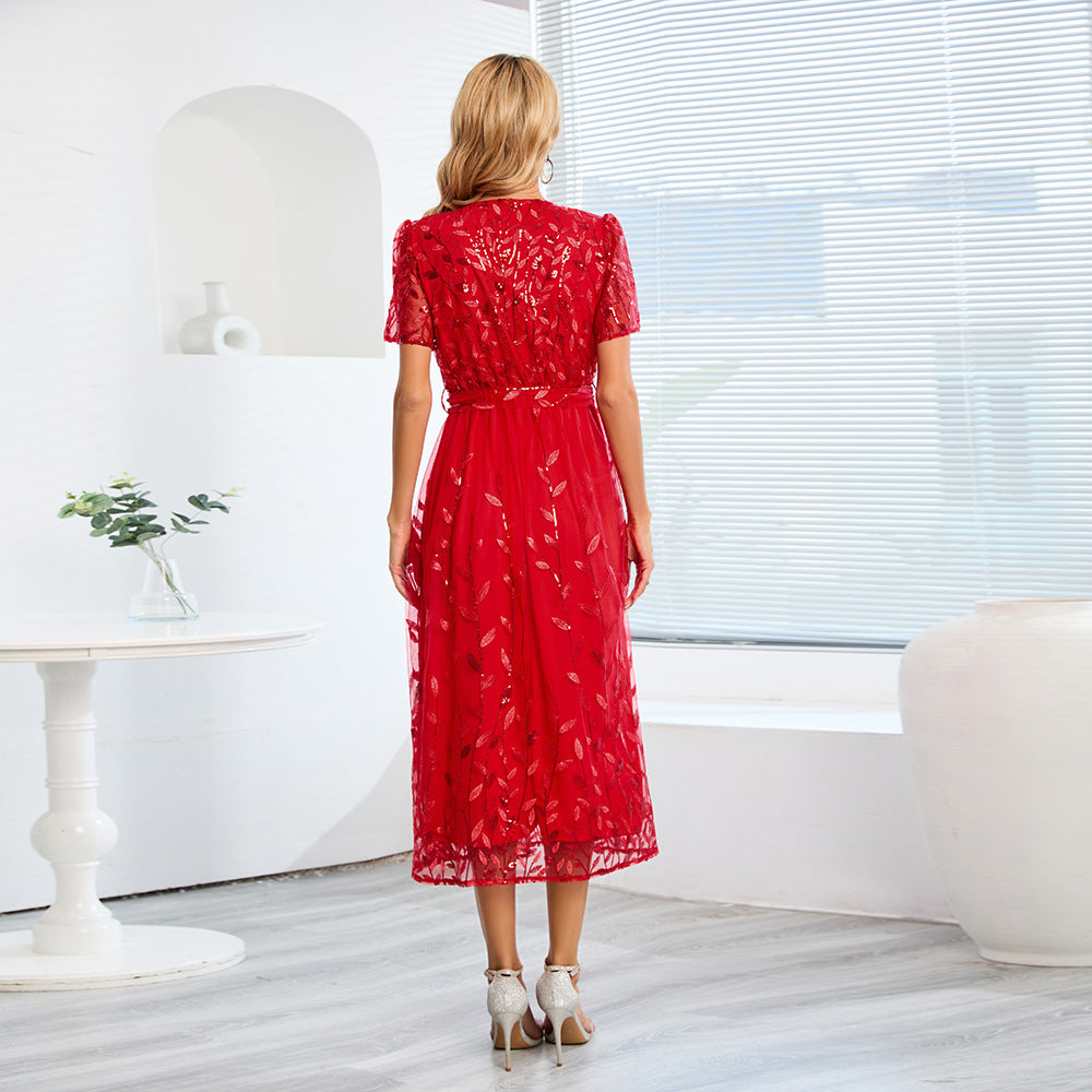 Mesh Embroidered Leaf Sequin V-Neck Wrap Tie Waist A-Line Midi Dress