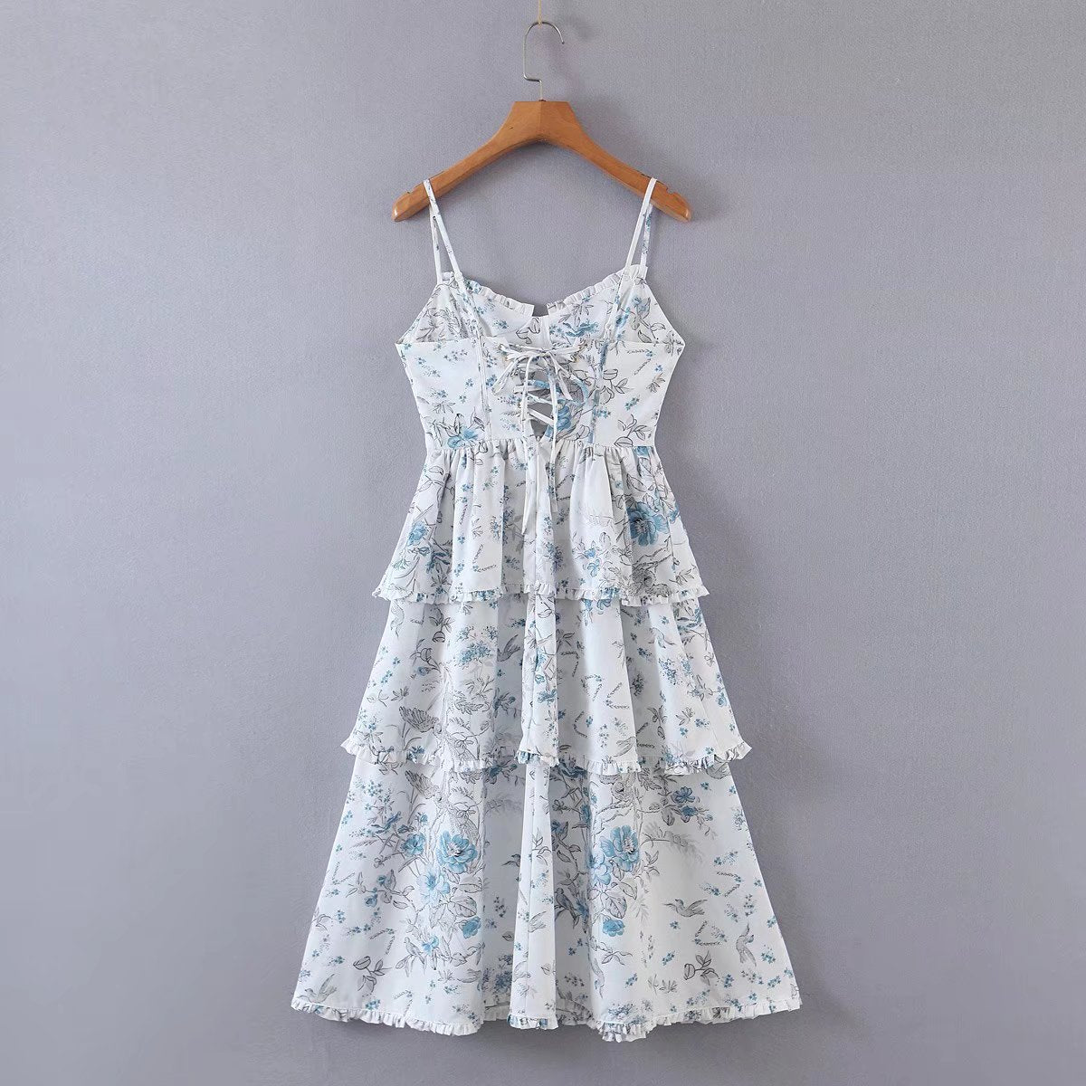 Floral Print Corset Bodice Tiered Ruffle High Split Midi Dress 4