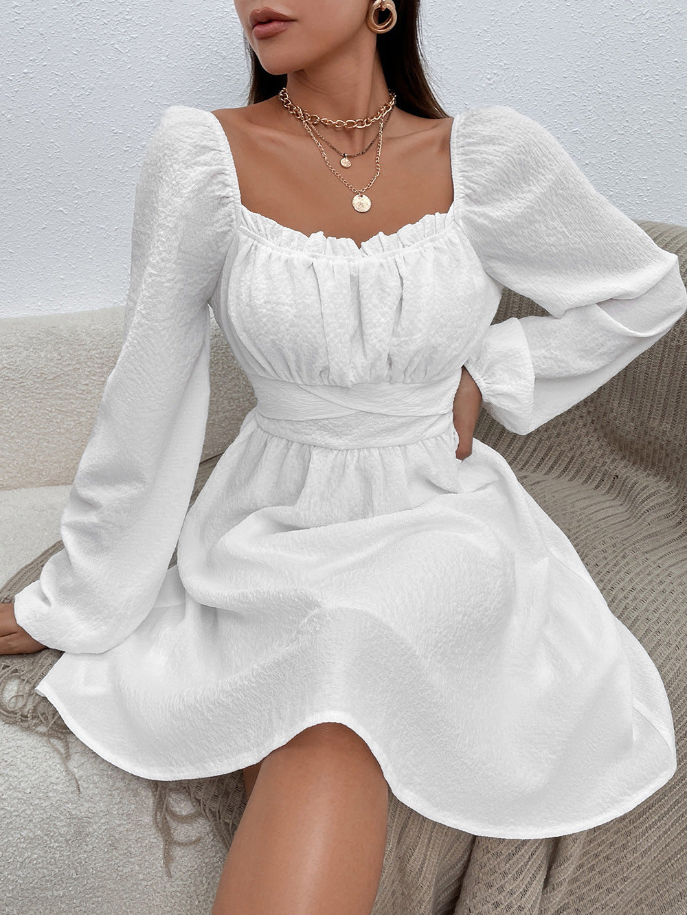 Textured Square Neck Long Sleeve Frill Trim Wrap Waist A-Line Mini Dress