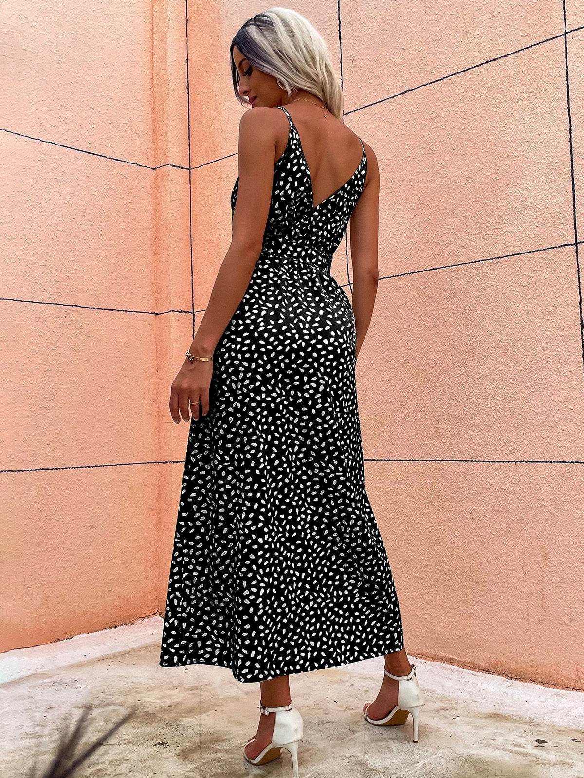 Spotted Print Wrap V-Neck Tie Waist High Split Cami Midi Dress 6