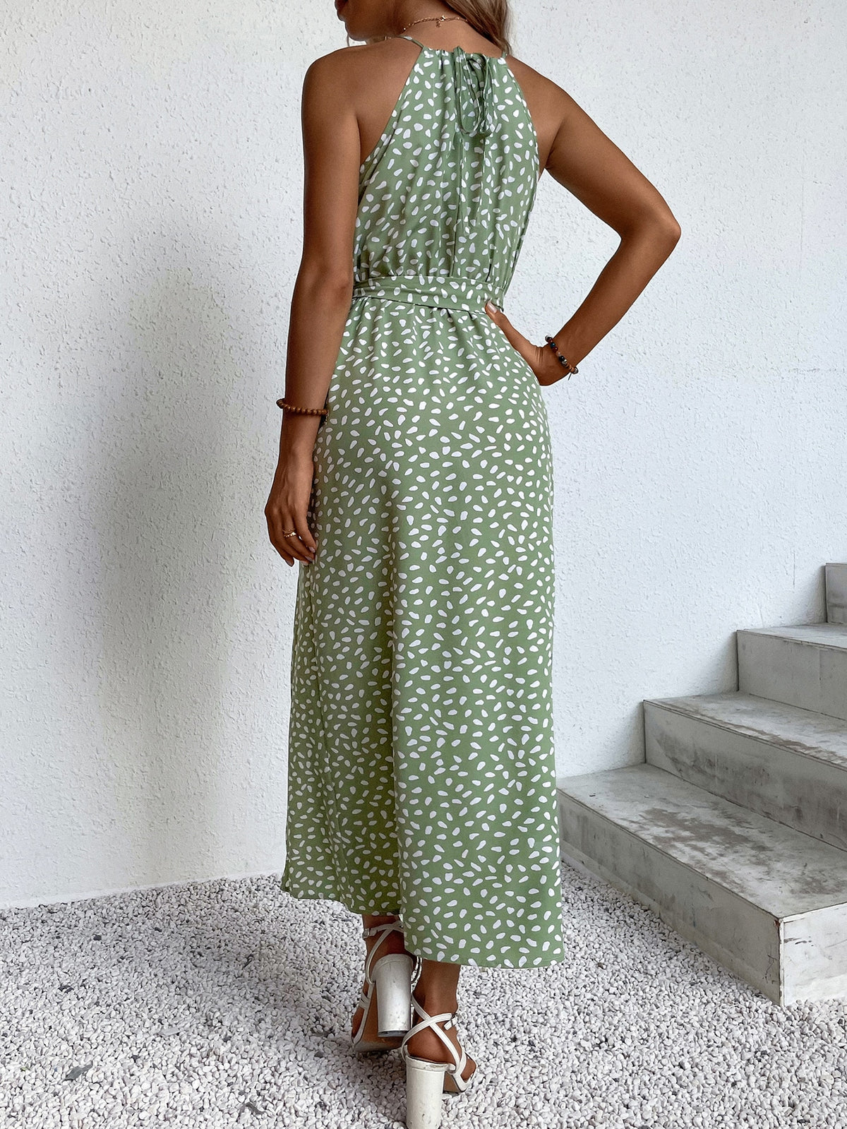 Speckle Print Halter Neck Tie Waist High Split Maxi Dress 6