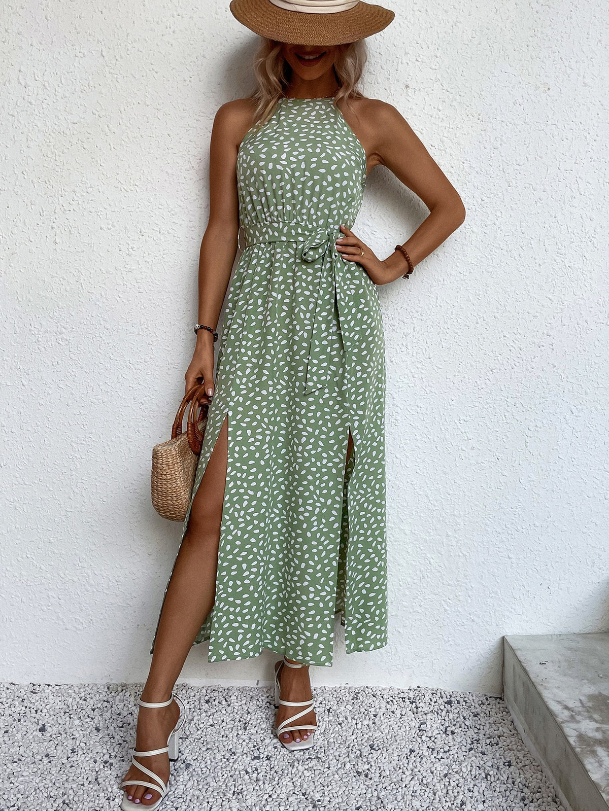 Women Summer Slit Belt Tether Sling Dress