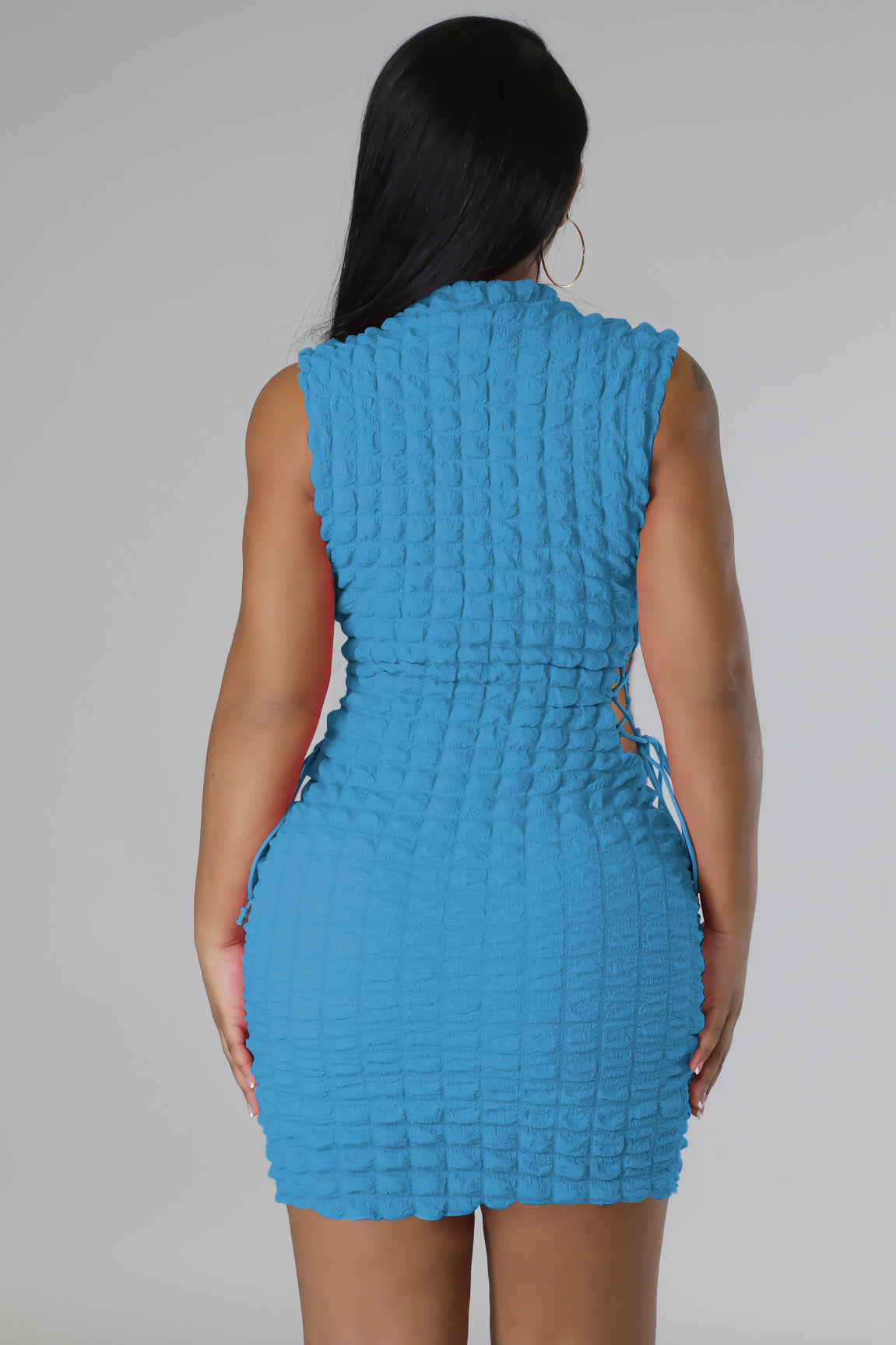 Textured Bubble Knit Mock Neck Side Lace Up Bodycon Mini Dress 5