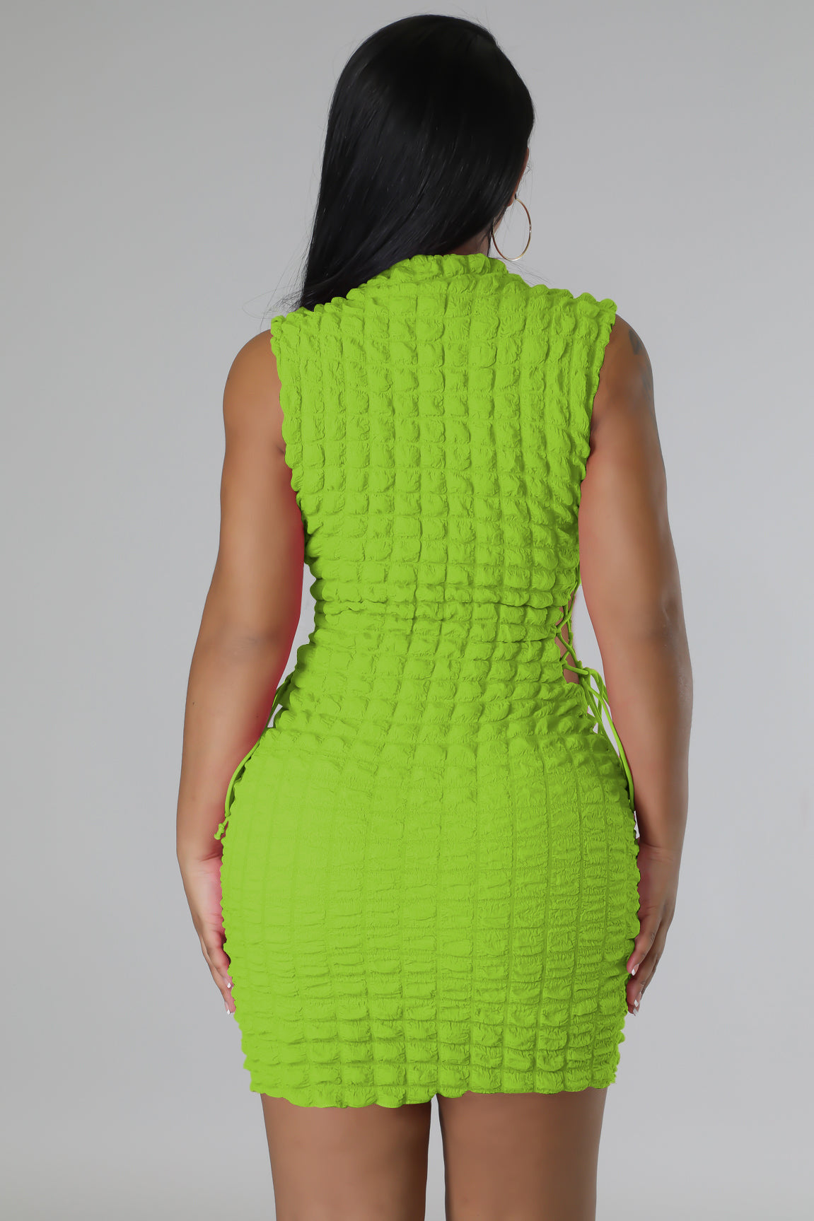 Textured Bubble Knit Mock Neck Side Lace Up Bodycon Mini Dress 7