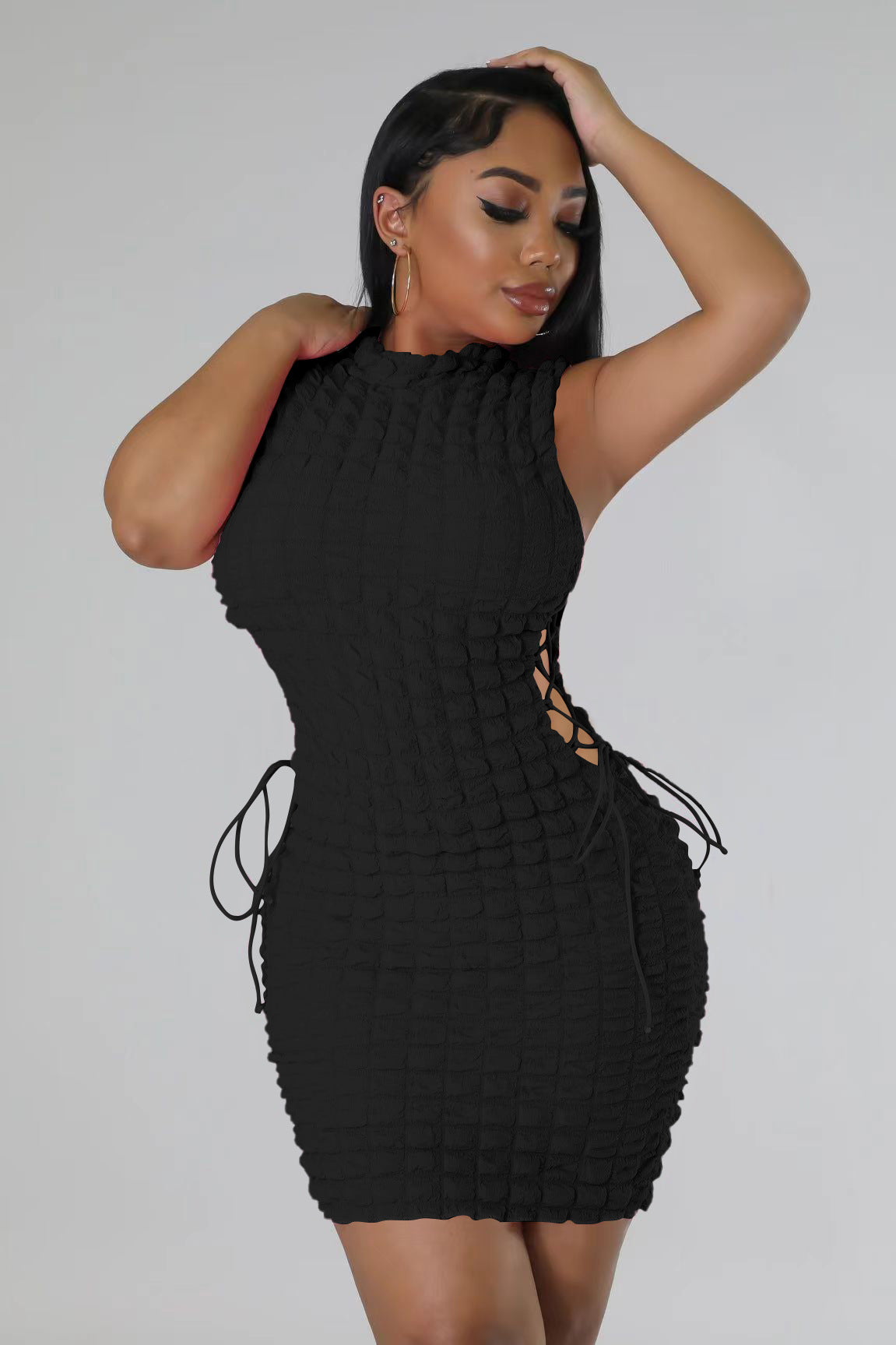 Textured Bubble Knit Mock Neck Side Lace Up Bodycon Mini Dress 8