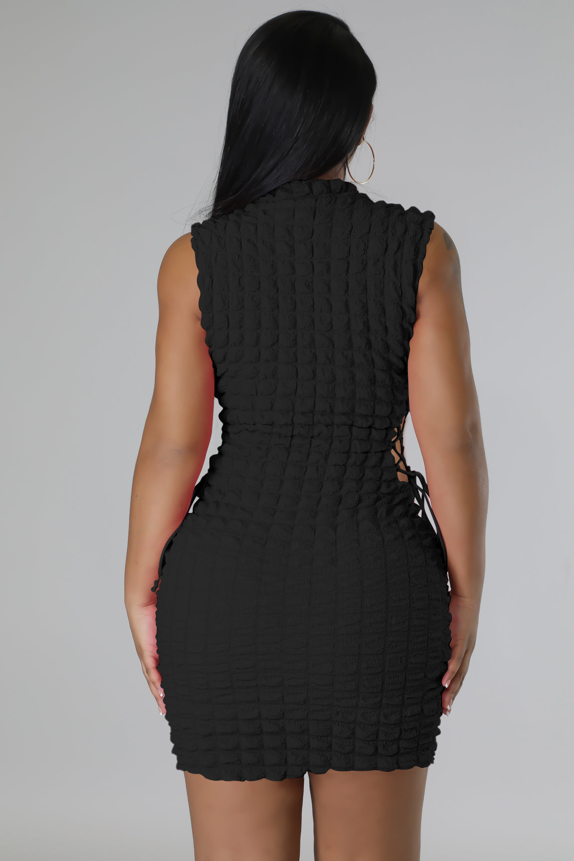 Textured Bubble Knit Mock Neck Side Lace Up Bodycon Mini Dress 9