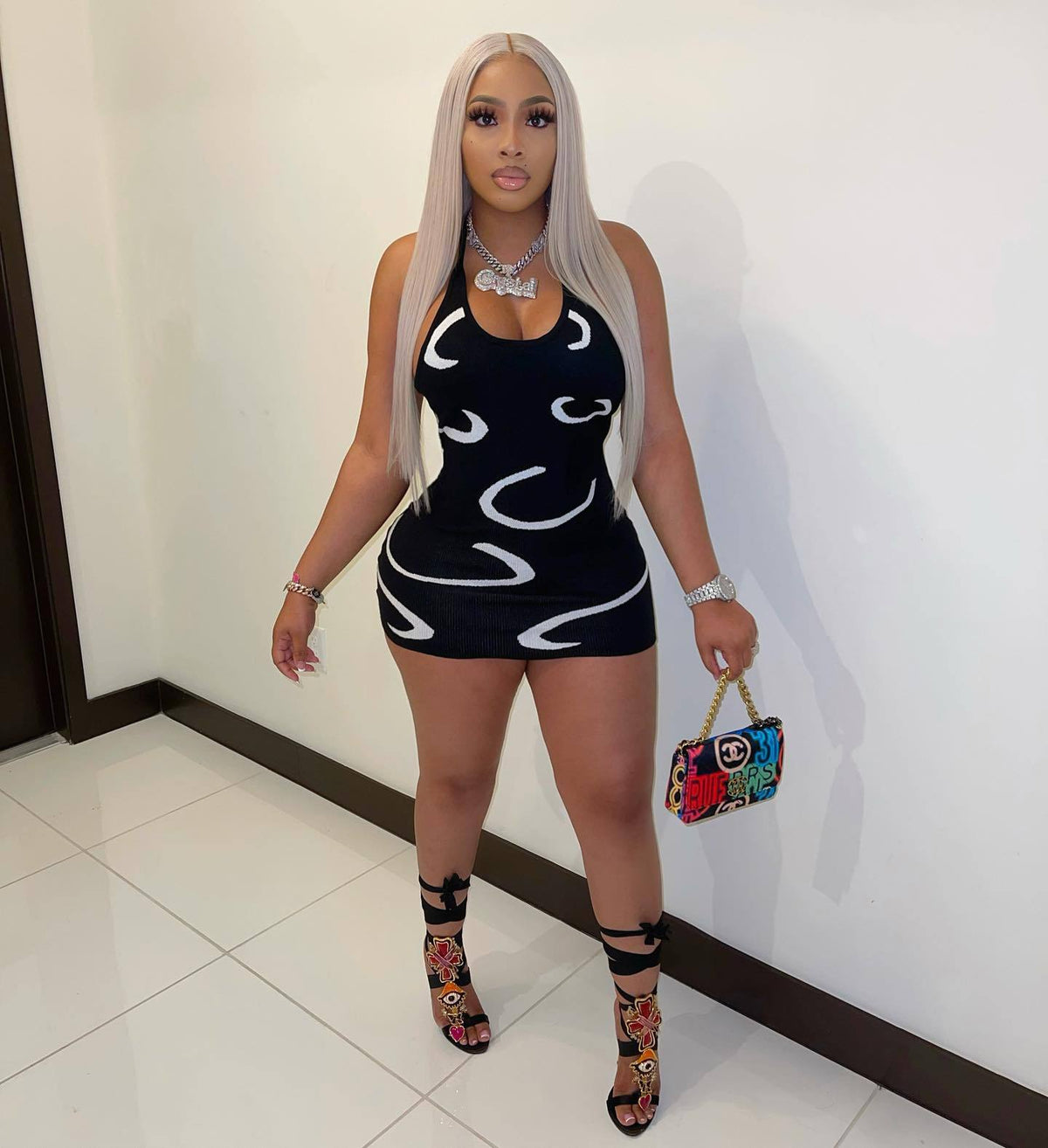 Women Clothing Sexy Halter Slim Fit Sunken Stripe Printed Dress Women Clothing