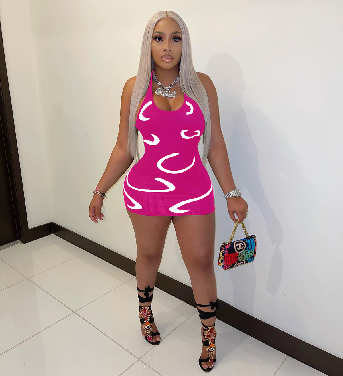 Women Clothing Sexy Halter Slim Fit Sunken Stripe Printed Dress Women Clothing