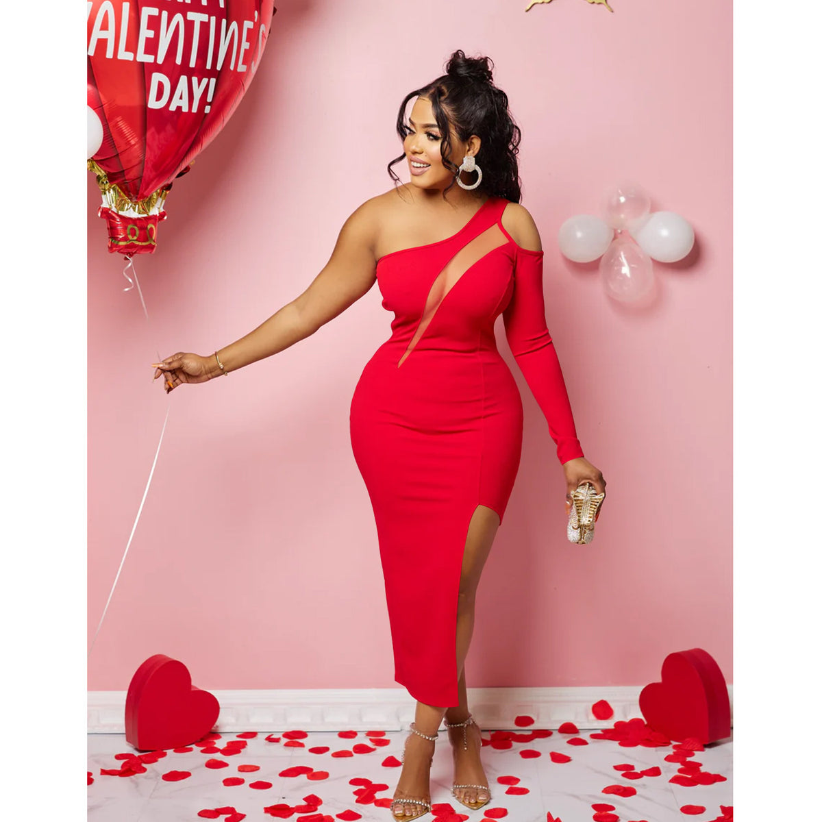 Sexy Women Clothing Solid Color Shoulder Mesh Stitching Single Long Sleeve Split Dress
