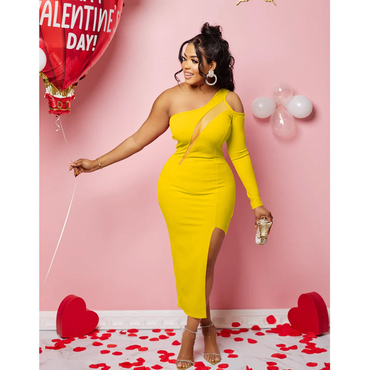One Shoulder Mesh Insert Single Sleeve High Split Bodycon Midi Dress 5