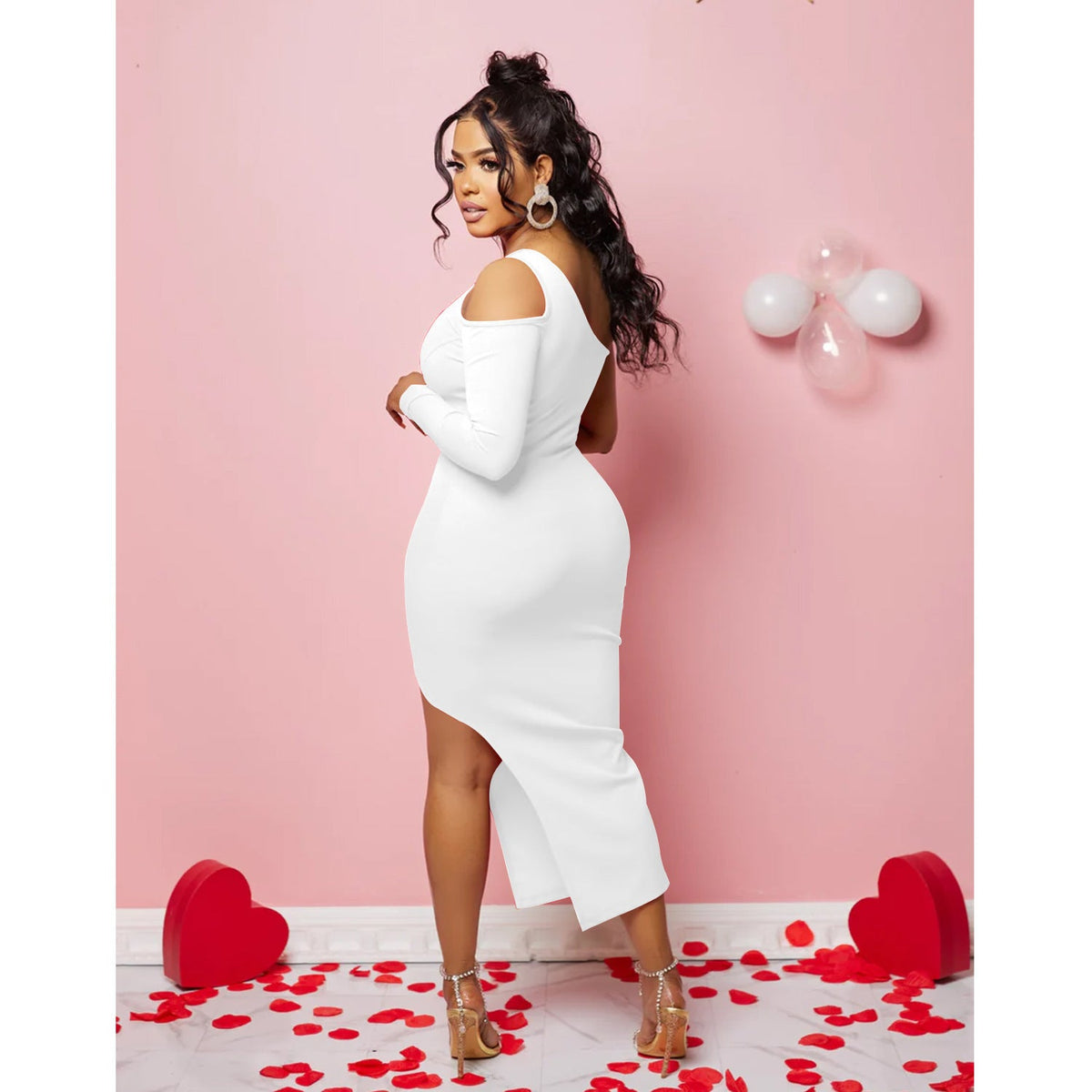 One Shoulder Mesh Insert Single Sleeve High Split Bodycon Midi Dress 8