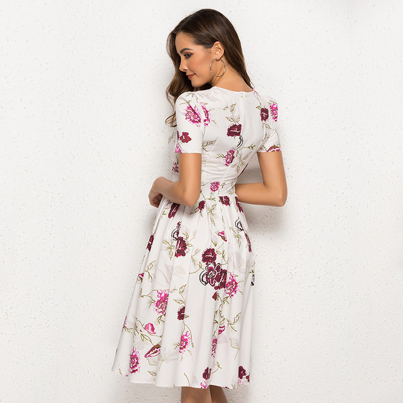 Printed Dress Short Sleeve Round Neck Elegant Dress
