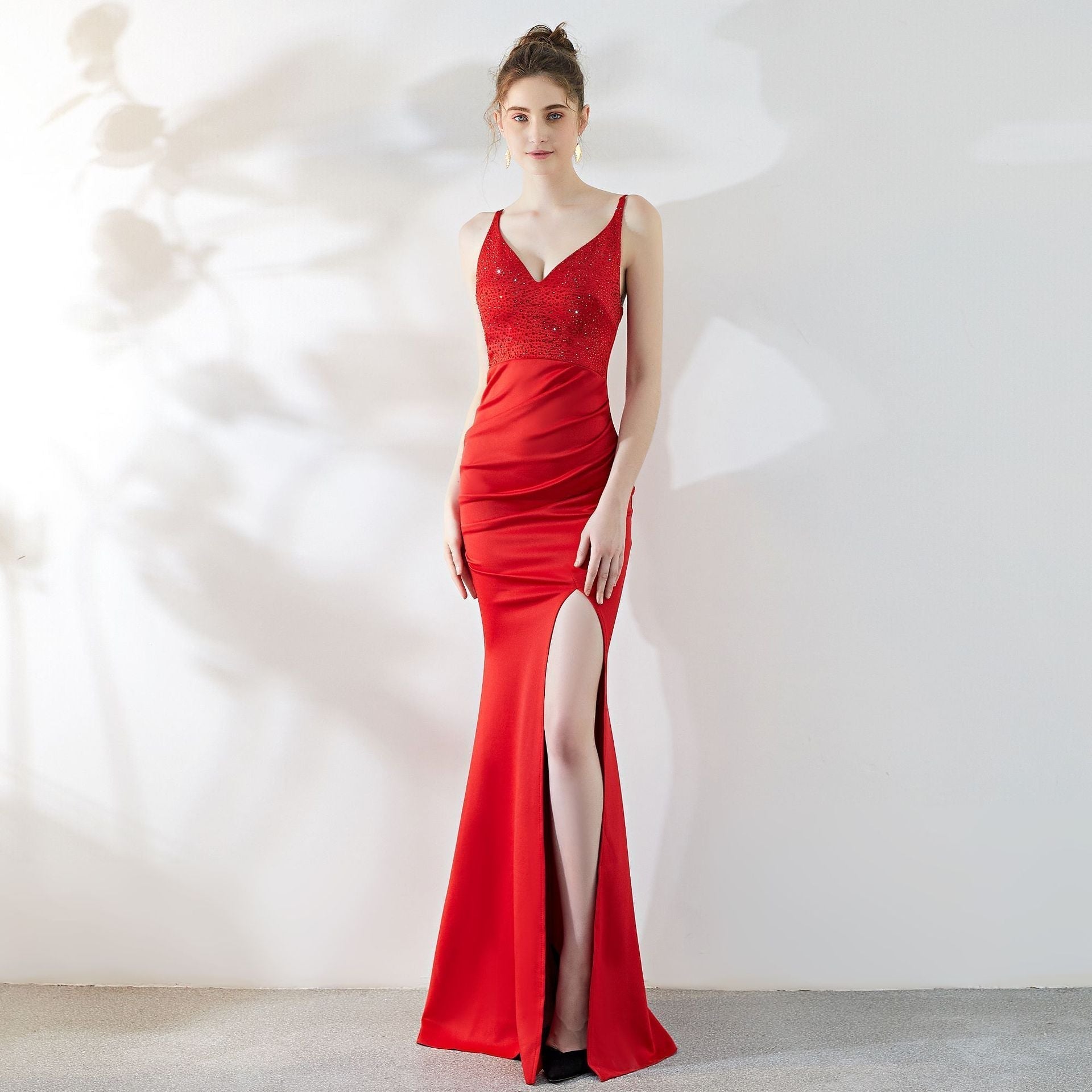 Beaded Satin V-Neck High Split Mermaid Maxi Gown