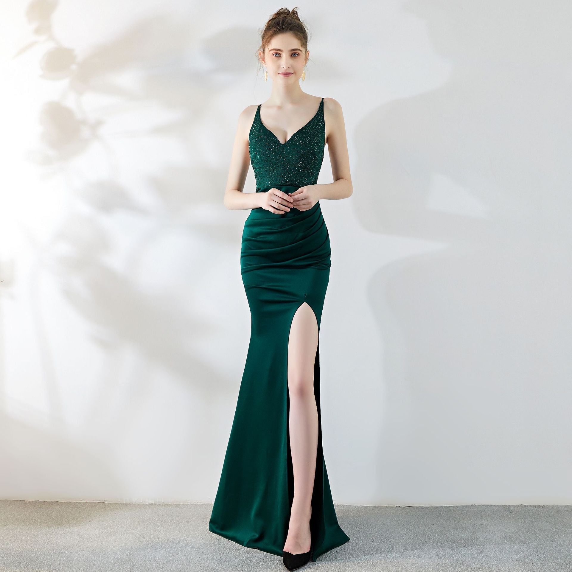 Beaded Satin V-Neck High Split Mermaid Maxi Gown