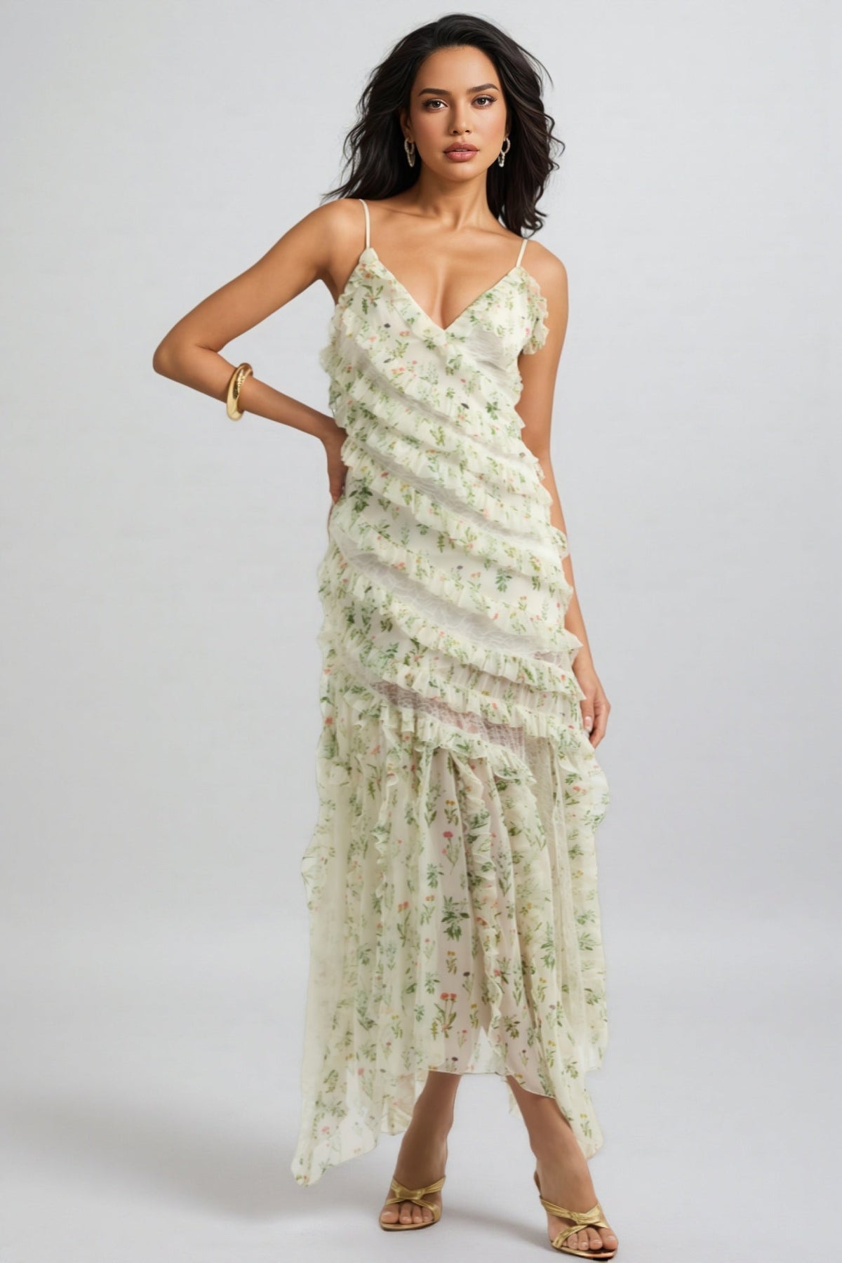 Floral Print Chiffon V-Neck Spaghetti Strap Ruffle Tiered Maxi Dress