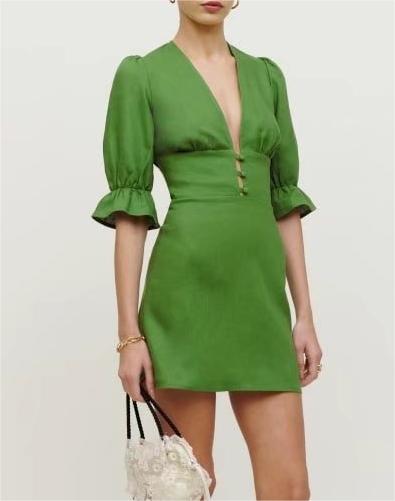 Women Clothing Buckle Slim Short Sleeve Solid Color Dress Casual Wild