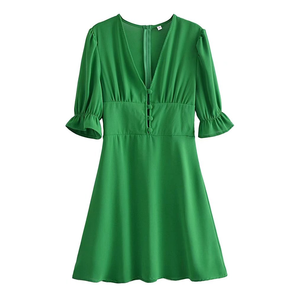 Women Clothing Buckle Slim Short Sleeve Solid Color Dress Casual Wild