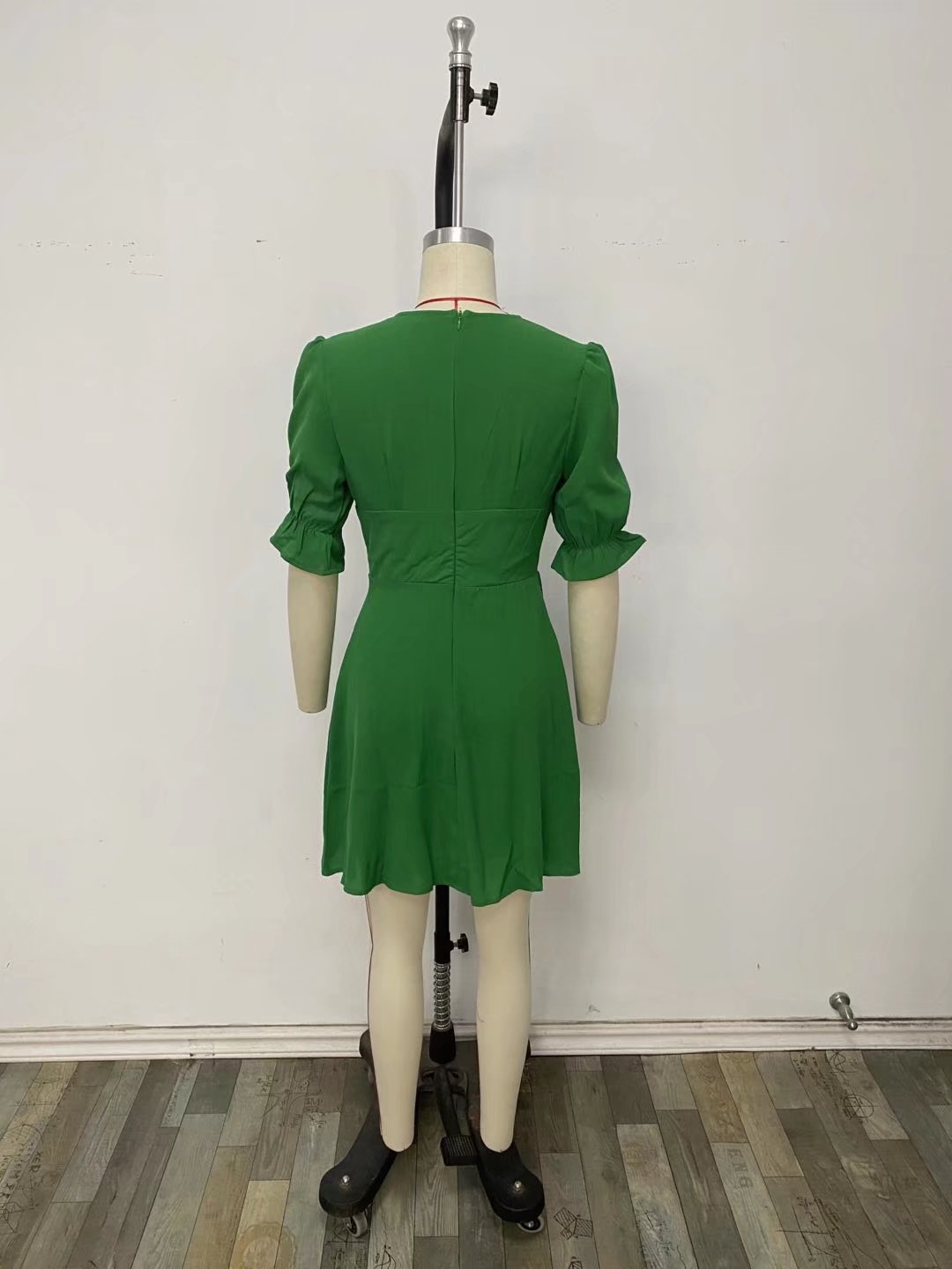 Women Clothing Buckle Slim Short Sleeve Solid Color Dress Casual Wild