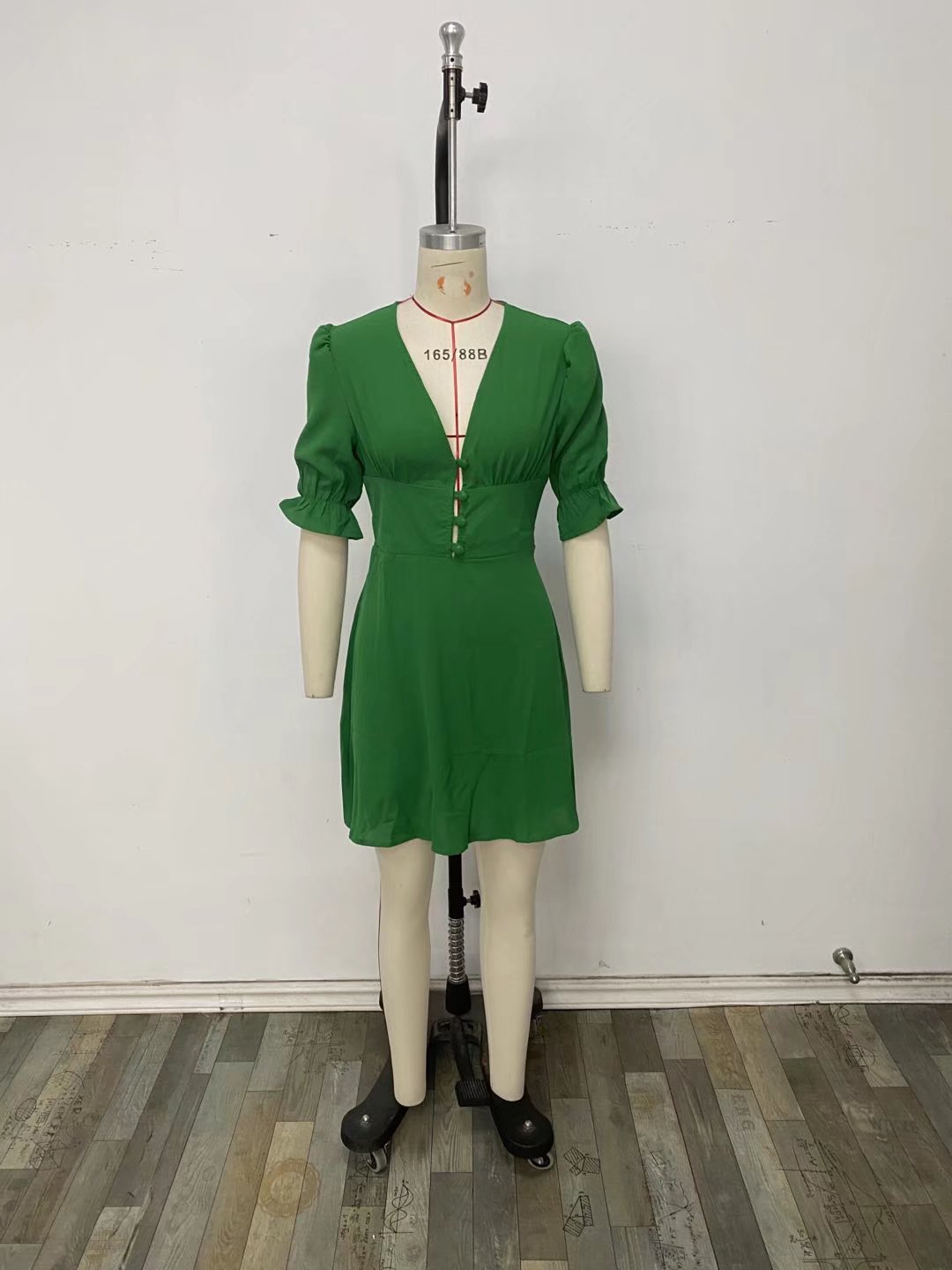 Women Clothing Buckle Slim Short Sleeve Solid Color Dress Casual Wild