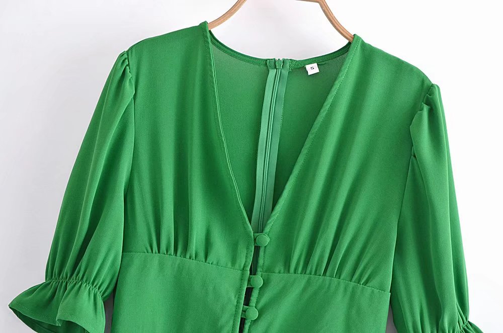 Women Clothing Buckle Slim Short Sleeve Solid Color Dress Casual Wild