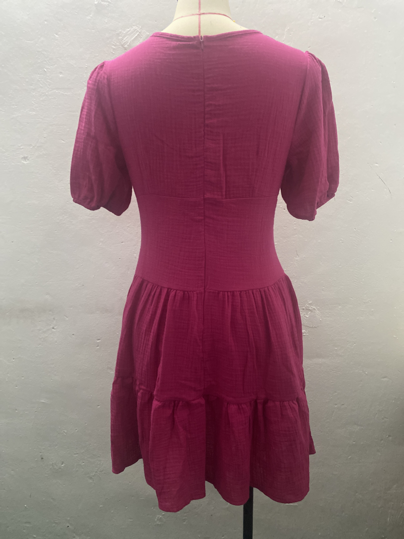 Textured Deep V-Neck Puff Sleeve Tiered Ruffle Mini Dress 6