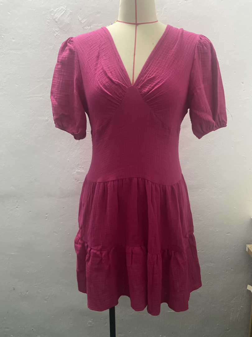 Textured Deep V-Neck Puff Sleeve Tiered Ruffle Mini Dress 7
