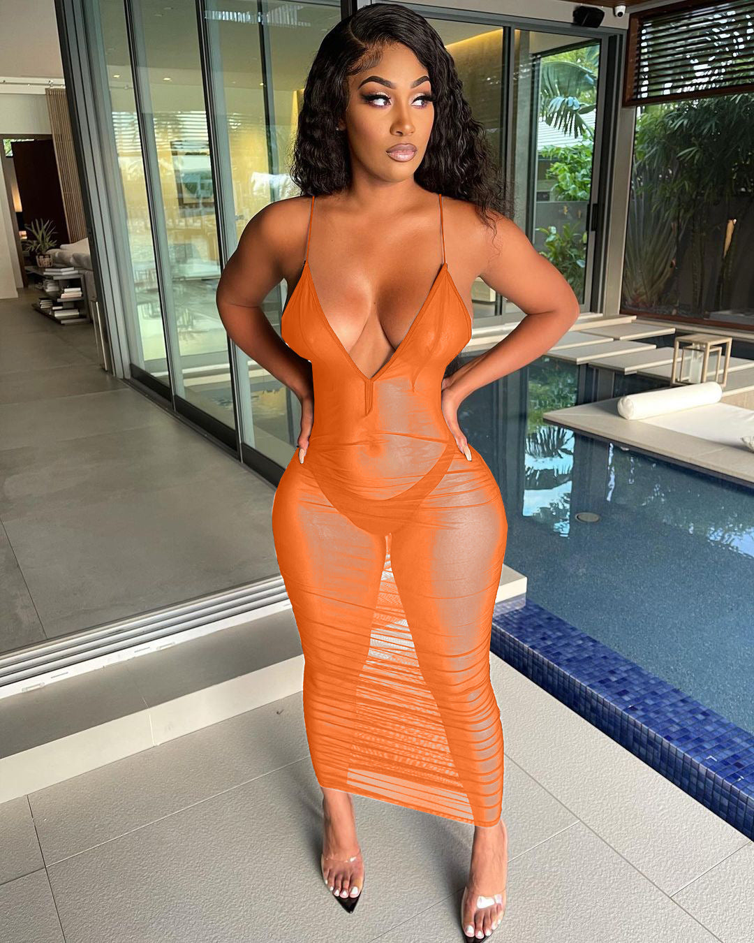 Sexy Strap Pleated Mesh See through Dress