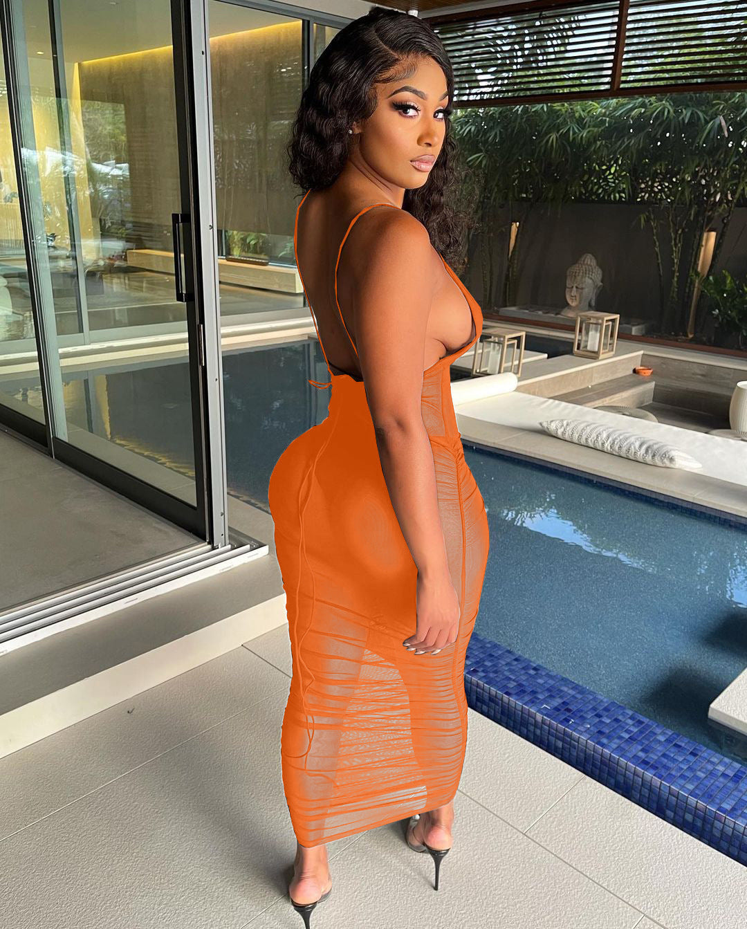 Sexy Strap Pleated Mesh See through Dress
