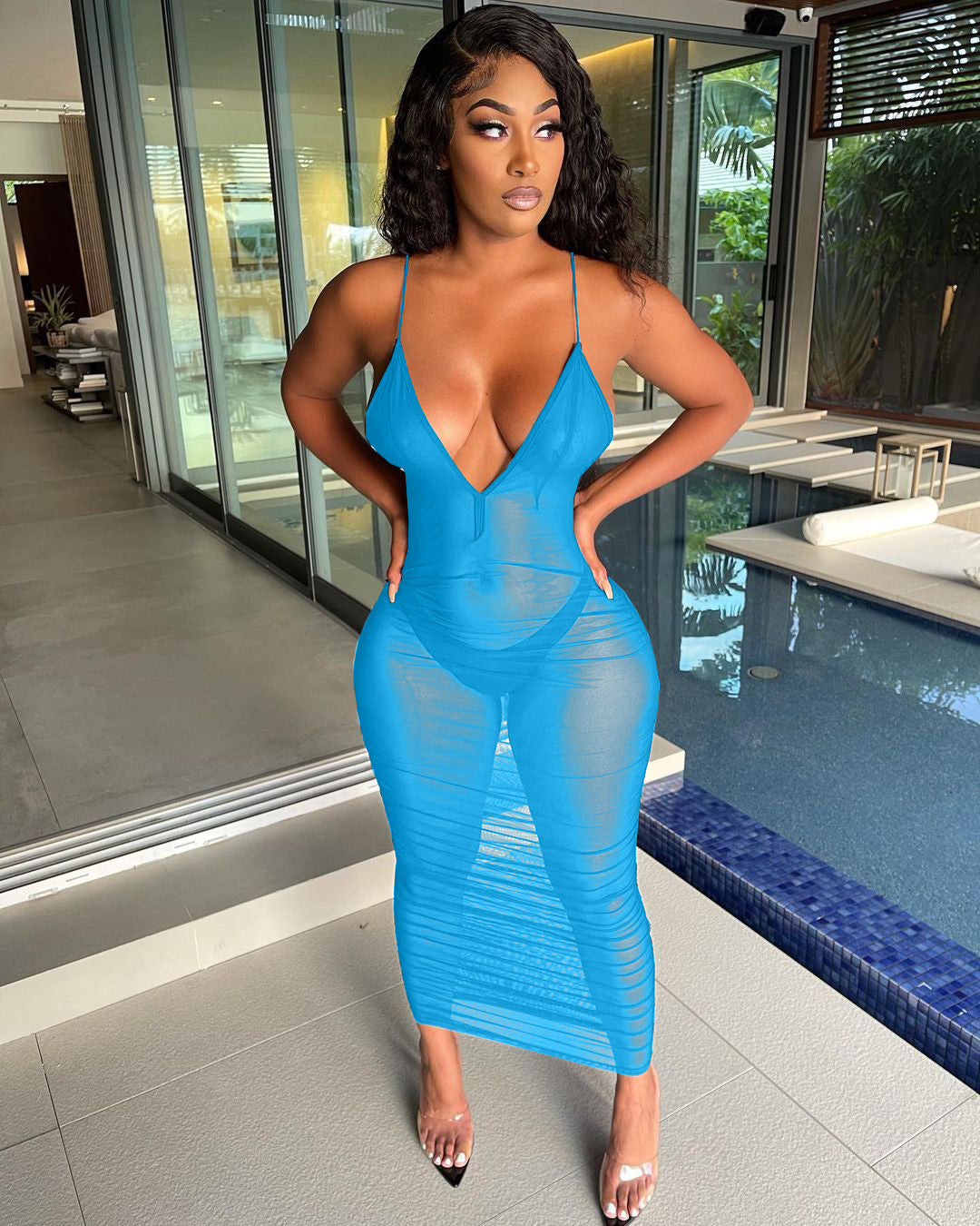 Sexy Strap Pleated Mesh See through Dress