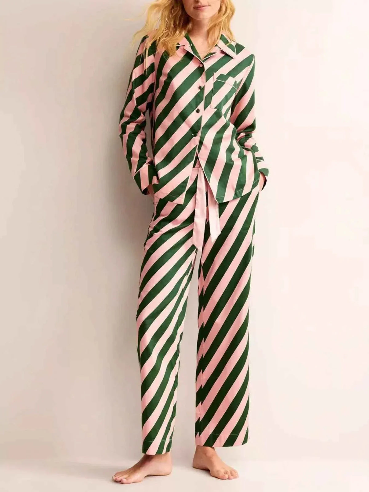Diagonal Striped Satin Button Front Shirt and Straight Leg Pants Two Piece Set