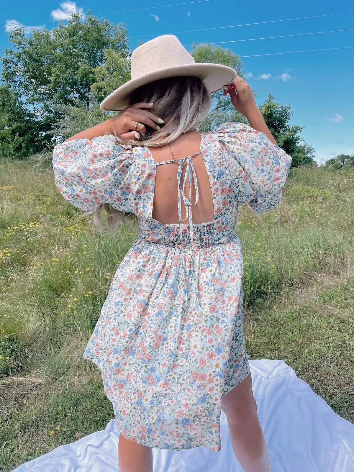 Floral Print Sweetheart Neck Puff Short Sleeve Babydoll Mini Dress 5