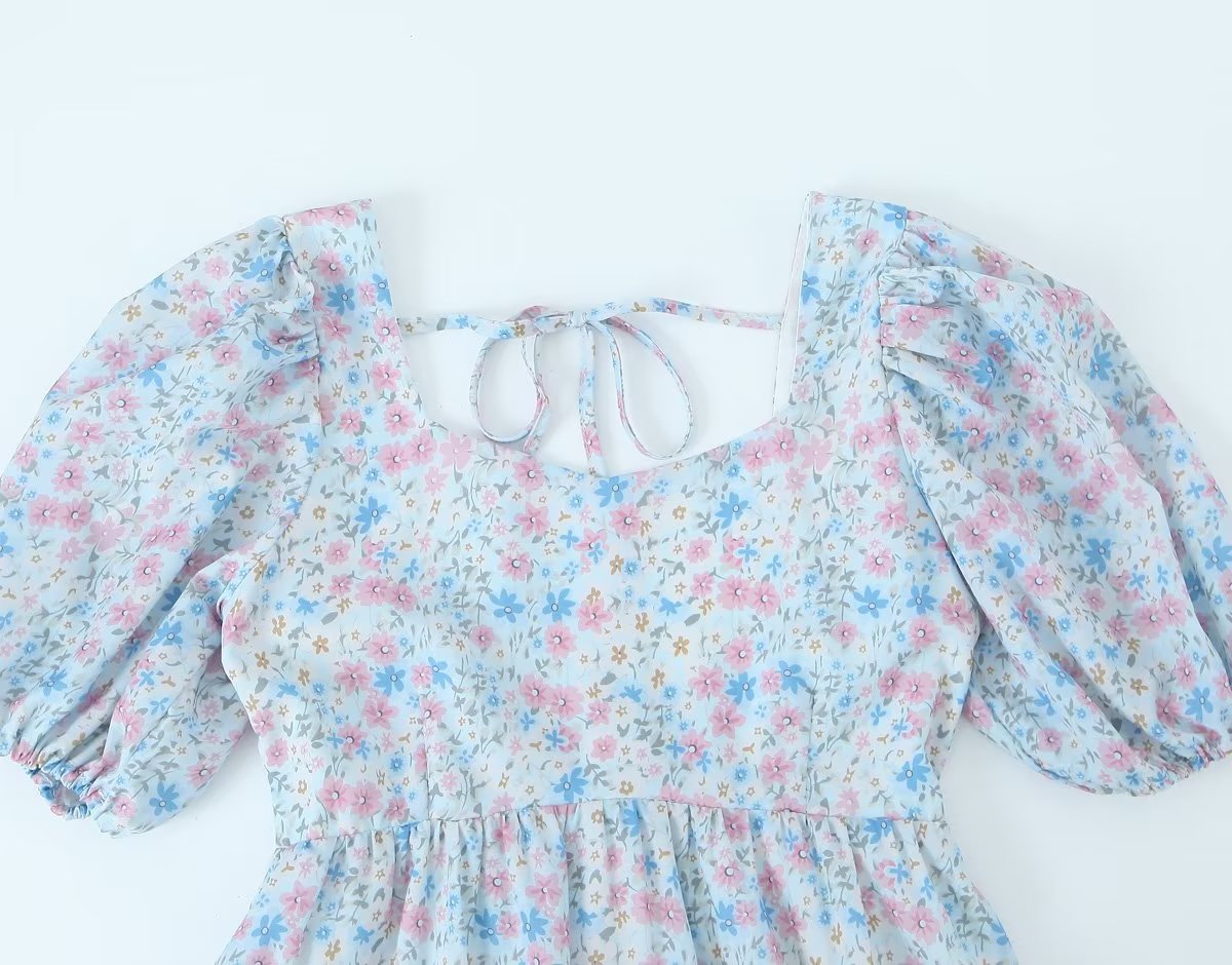 Floral Print Sweetheart Neck Puff Short Sleeve Babydoll Mini Dress 9