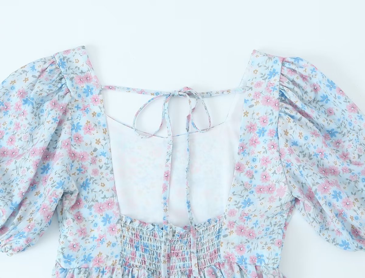 Floral Print Sweetheart Neck Puff Short Sleeve Babydoll Mini Dress 15