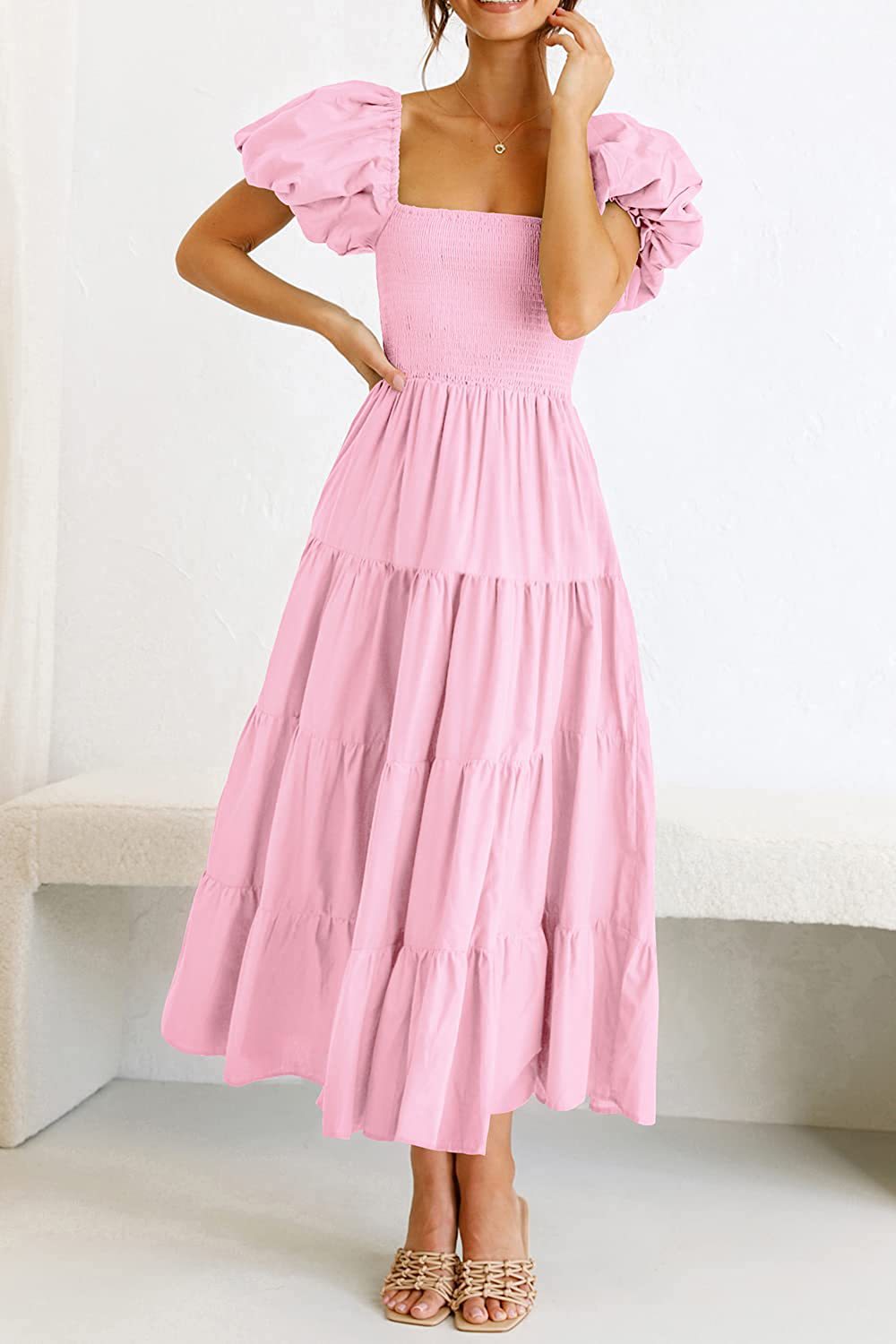 Square Neck Puff Sleeve Smocked Bodice Tiered Midi Dress