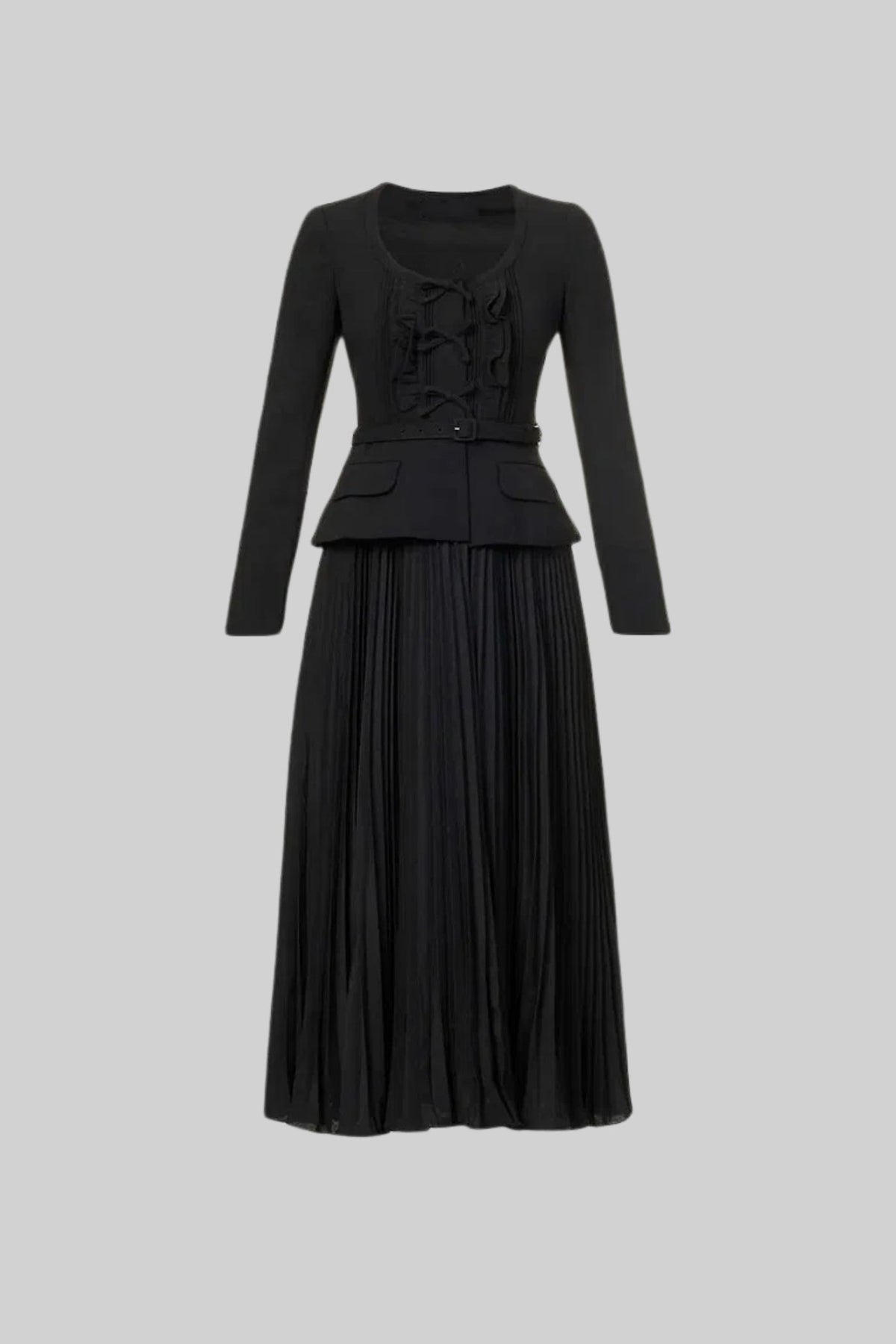 Faux Two-Piece Scoop Neck Ruffle Bow Belted Peplum Maxi Dress