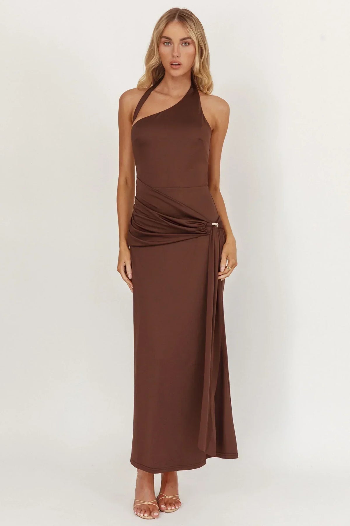 Asymmetric Halter Neck Ruched Waist Ring Detail Midi Dress 5
