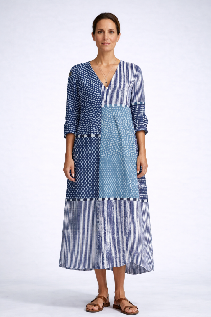Patchwork Print V-Neck A-Line Midi Dress