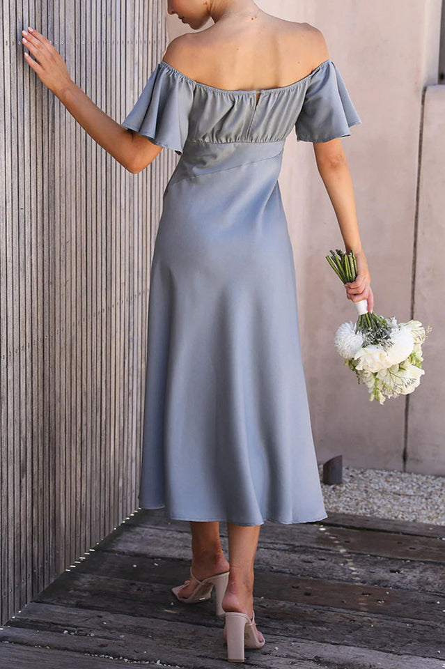 Satin Off Shoulder Puff Sleeve High Split Midi Dress 7