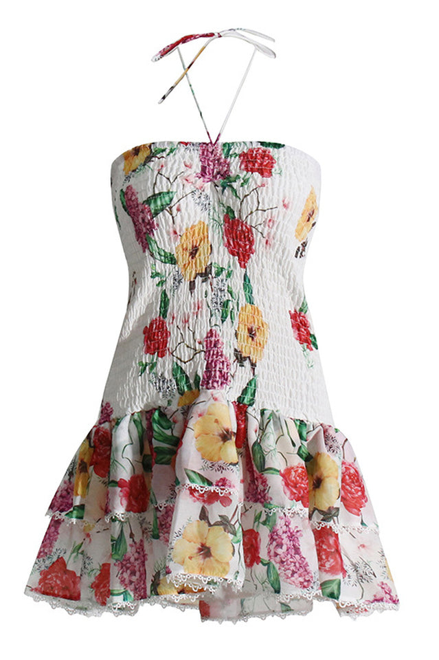 Floral Strapless Smocked Lace Trim Tiered Mini Dress 7